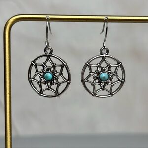 Silver Tone Dreamcatcher Earrings with Turquoise Stone Accent